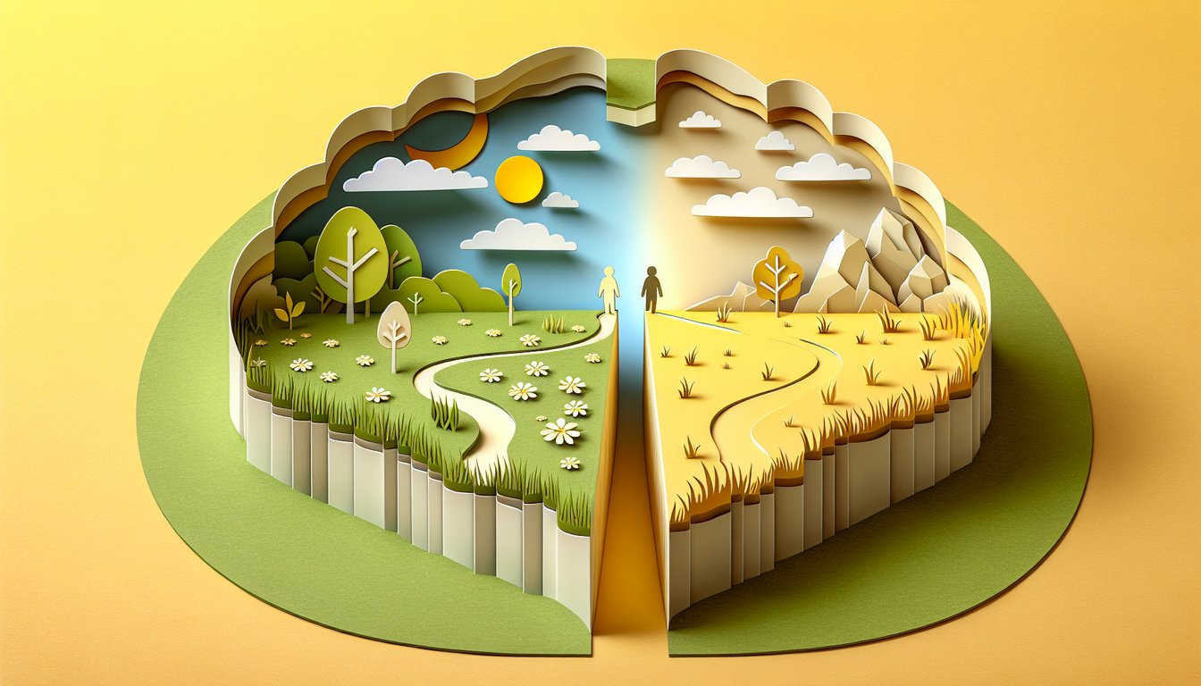 Two paper art hearts one soft-hearted one sculpted in stone on golden yellow for soft-hearted vs stone-hearted quiz
