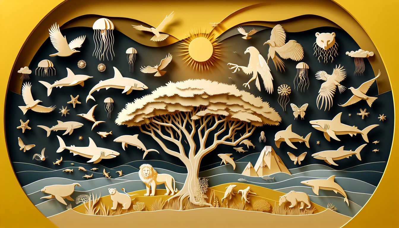 Paper art illustration with stylized animals on golden yellow background for collective animal names quiz.