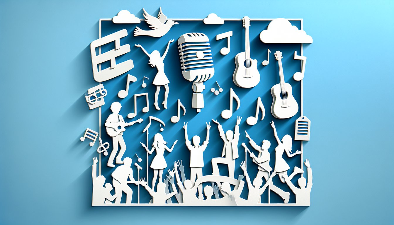 Paper art quiz title Test your Glee knowledge on sky blue background, stylized cast silhouettes, music notes, icons