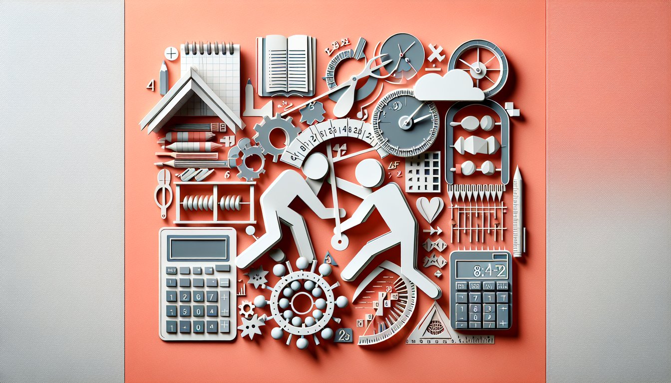Paper art illustration for STAAR Math Practice Quiz on coral background testing various math skills