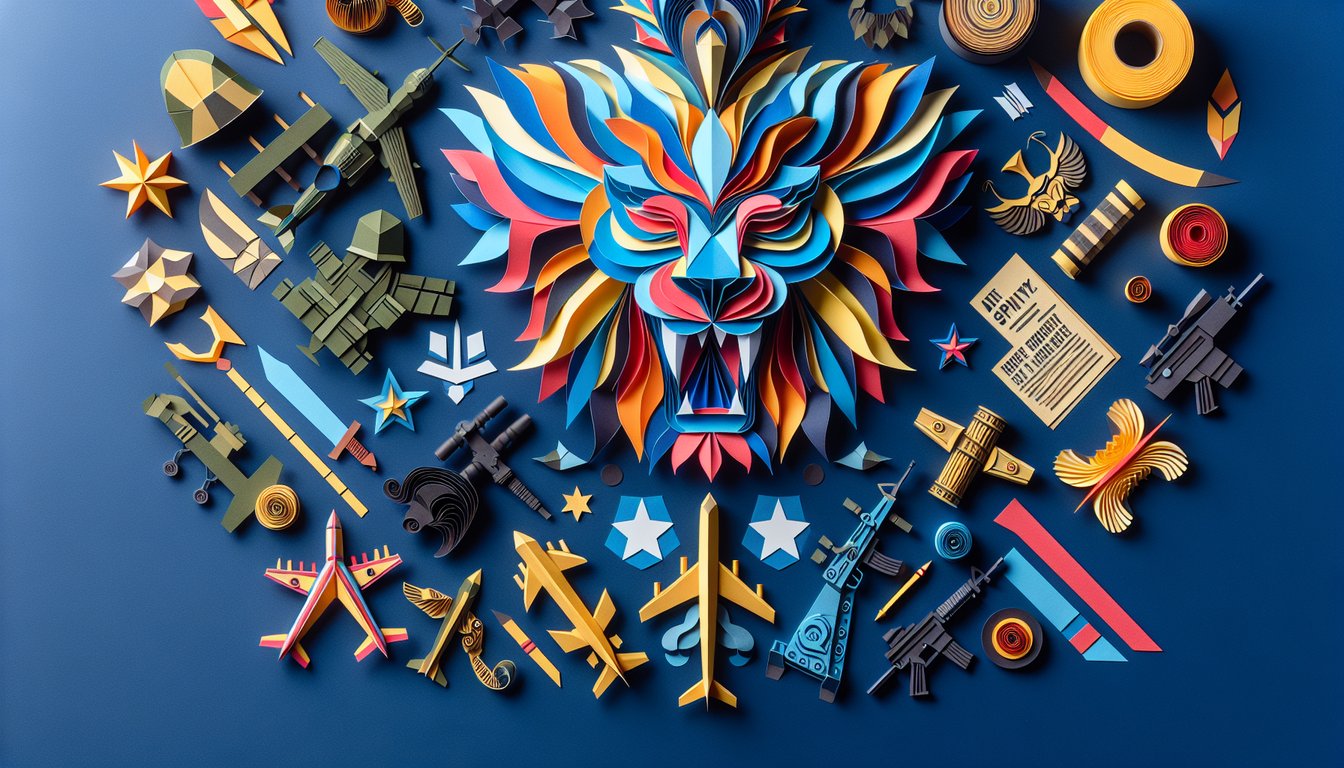 Colorful paper art representing global imperialism and military trivia quiz