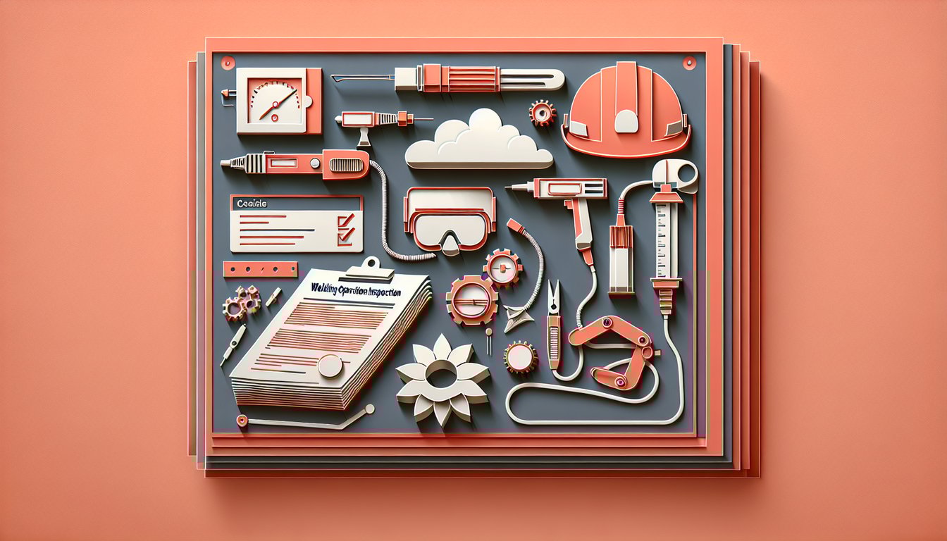 Paper art CSWIP welding inspector quiz with tools and gas tungsten arc welding on coral background.