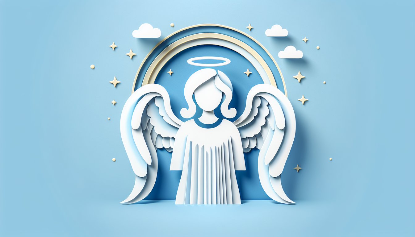 Paper art illustration with layered white wings and halo floating above quiz title on sky blue background