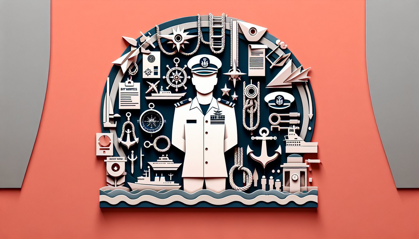 Paper art icons of Navy Petty Officer Third Class rates drill movements and chain of command on coral background