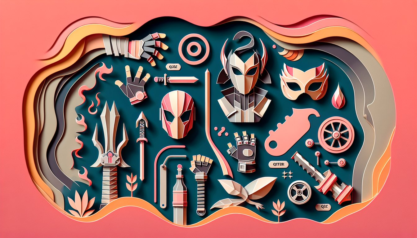 Paper art illustration for Super Smash Bros quiz on coral background, encouraging users to find their fighter match.
