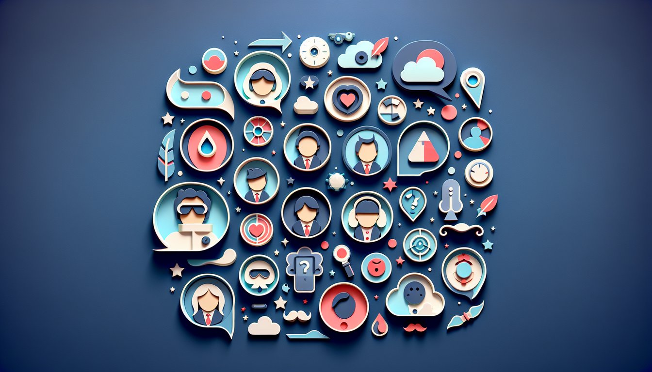 Paper art style colorful bubbles and playful silhouettes float on dark blue background for personality quiz