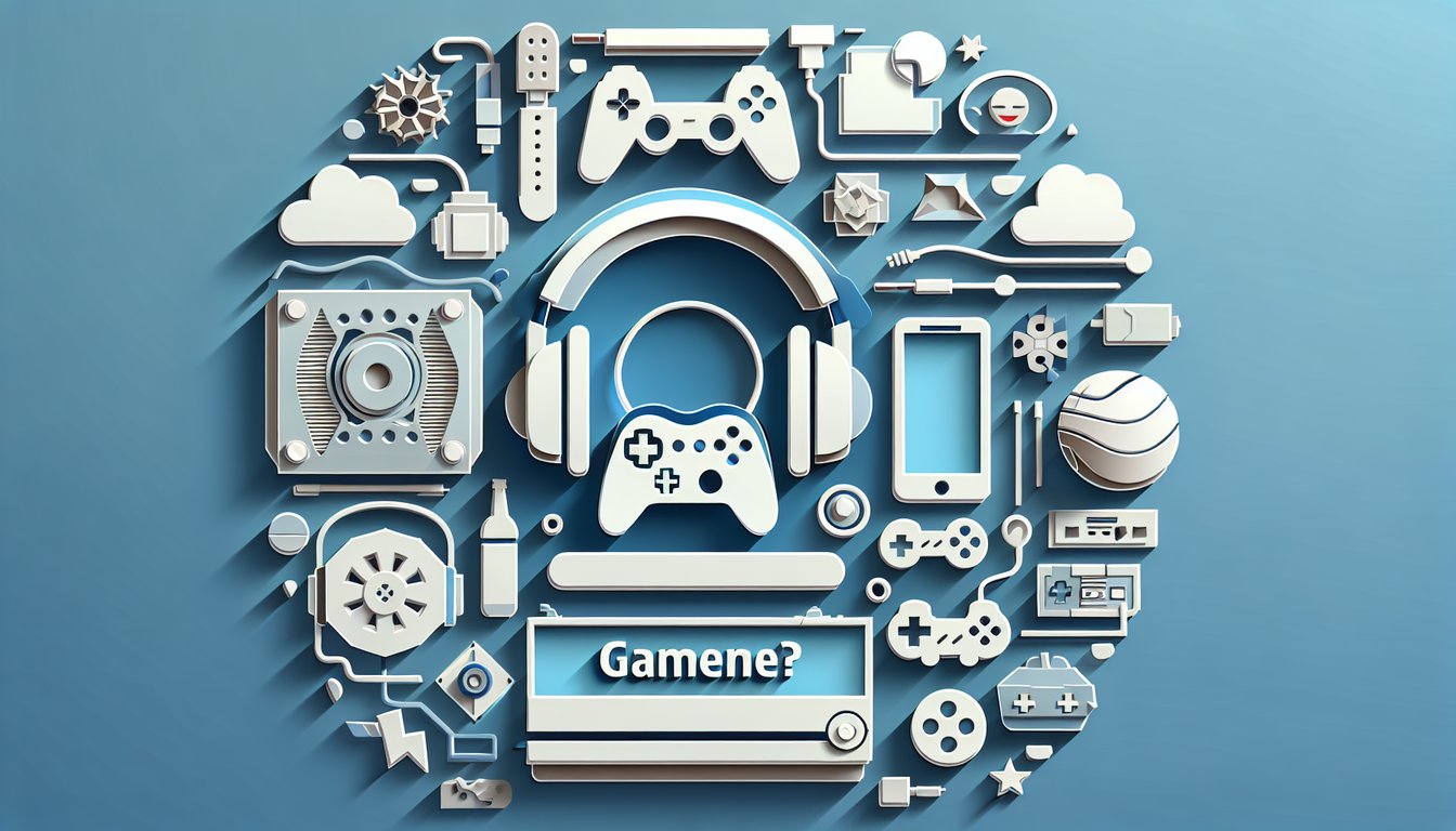 Paper art gaming quiz scene with paper cut controllers name tags and playful shapes on sky blue background