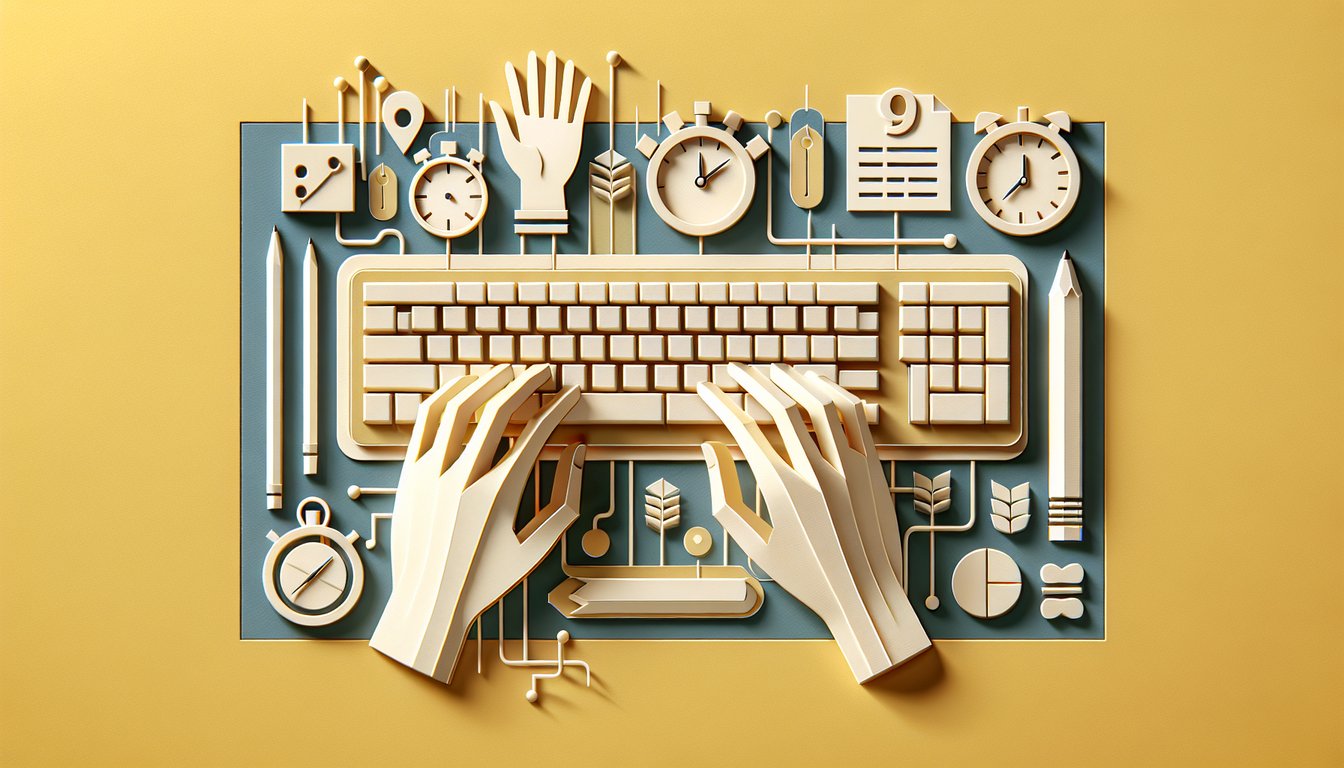 Paper art illustration of hands typing home row keys on keyboard with quiz text on golden yellow background