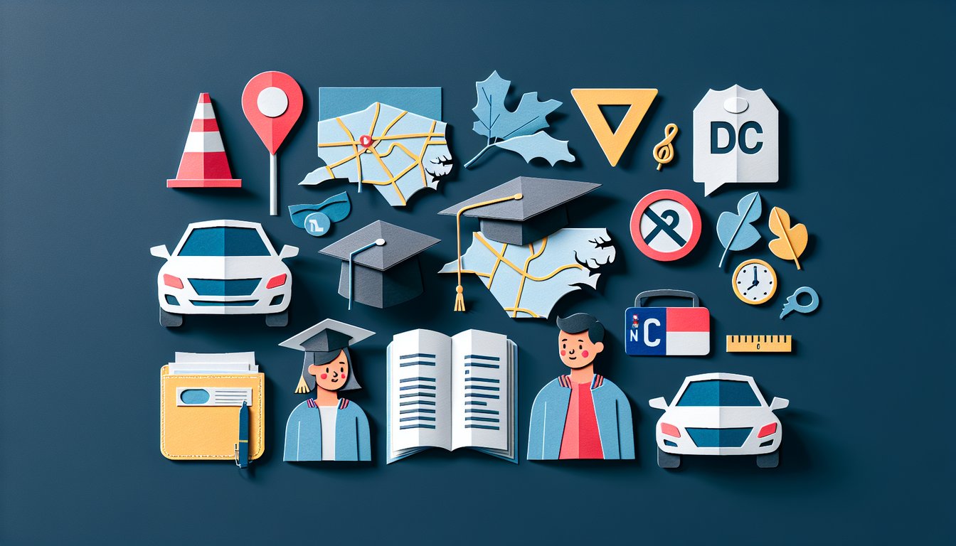 Colorful paper art promoting NC DMV 2024 Prep quiz for prospective drivers
