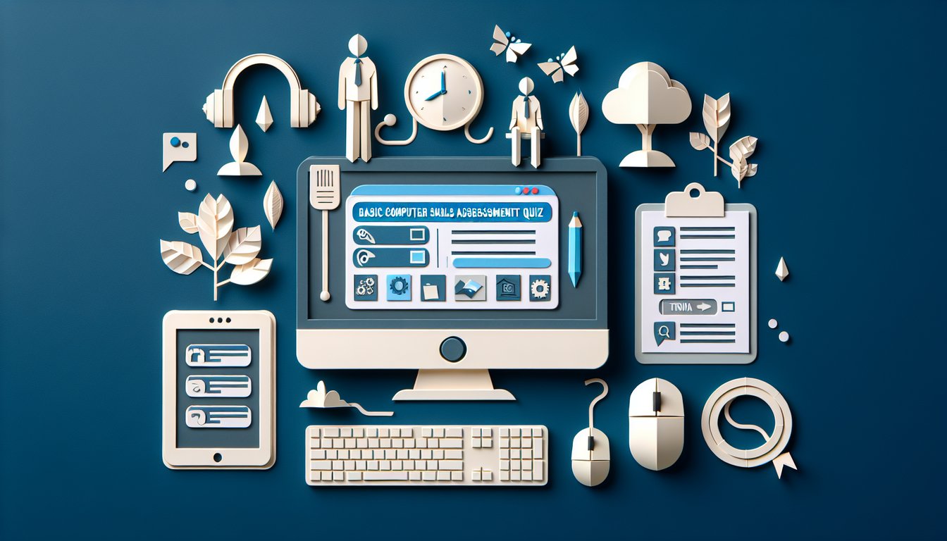 Colorful paper art depicting elements related to a Basic Computer Skills Assessment Quiz.