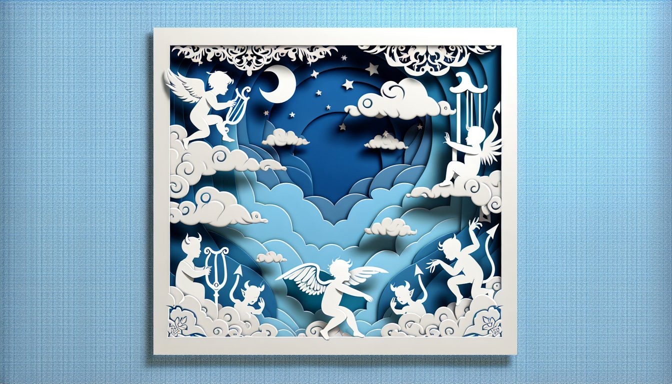 Good Omens personality quiz paper art illustration on sky blue background