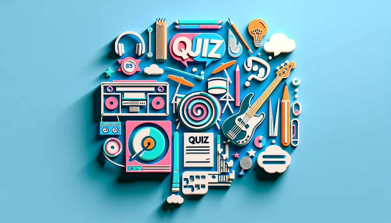 Paper art illustration for a Blink 182 pop punk trivia quiz on a sky blue background