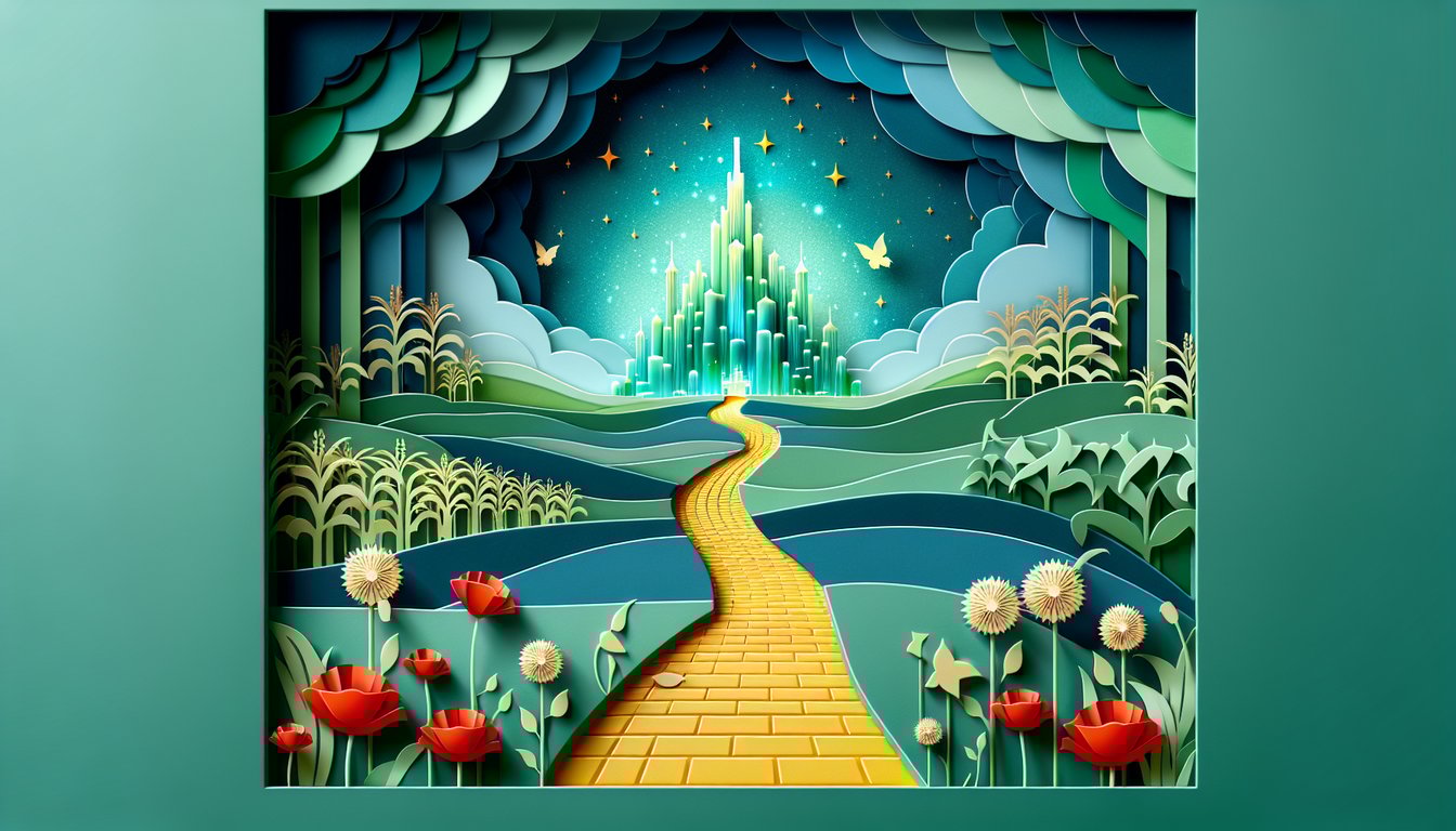 Paper art illustration of Wizard of Oz characters Dorothy Scarecrow Tin Man Lion on yellow brick road on teal background