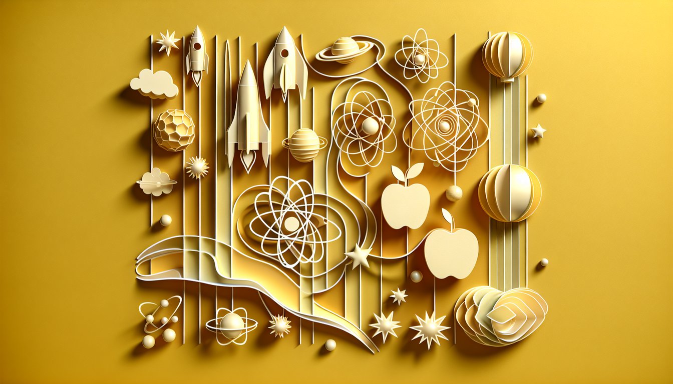 Paper art collage of physics formulas atoms circuits gears trivia quiz prompt on golden yellow background
