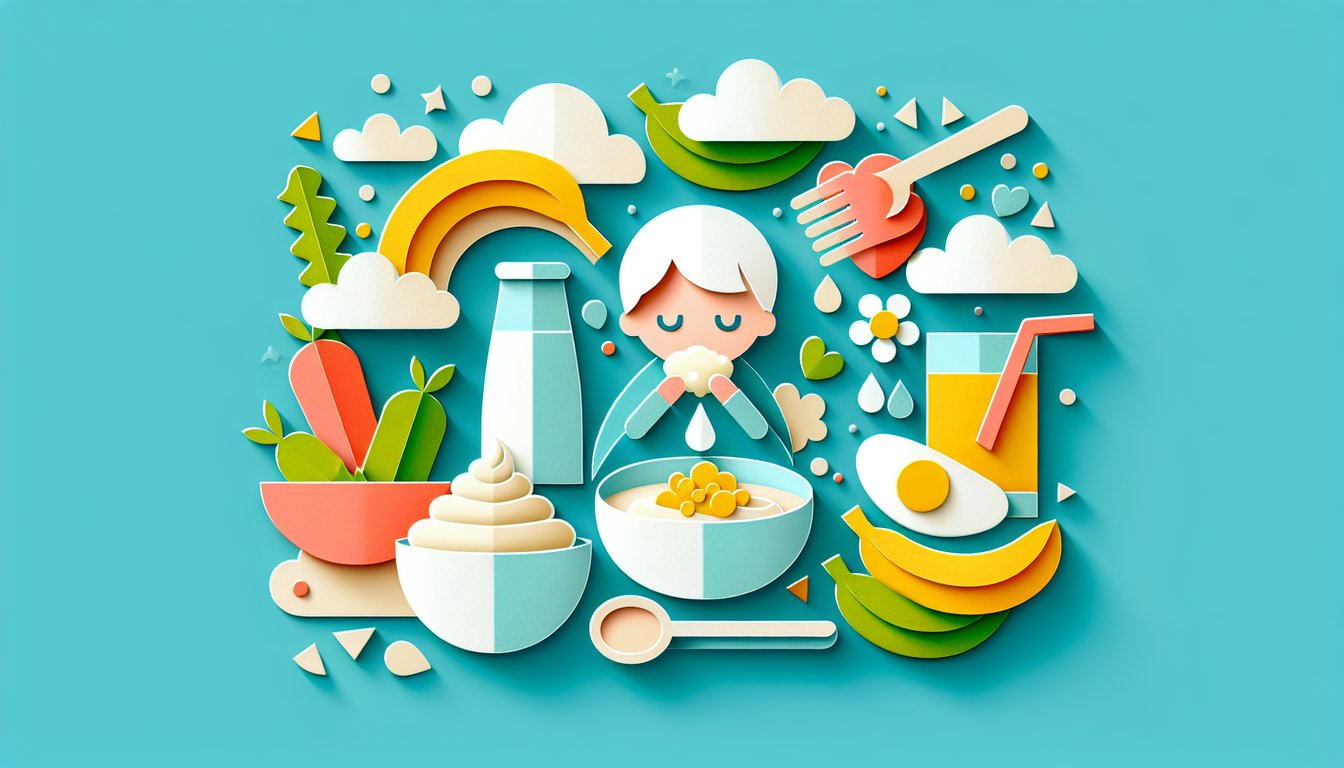 Paper art utensils and soft diet foods on teal background for quiz on dysphagia swallowing guidelines and meal planning