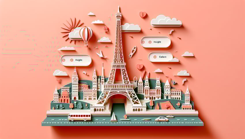 Paper art Eiffel Tower on coral background with quiz trivia on its height history and colors