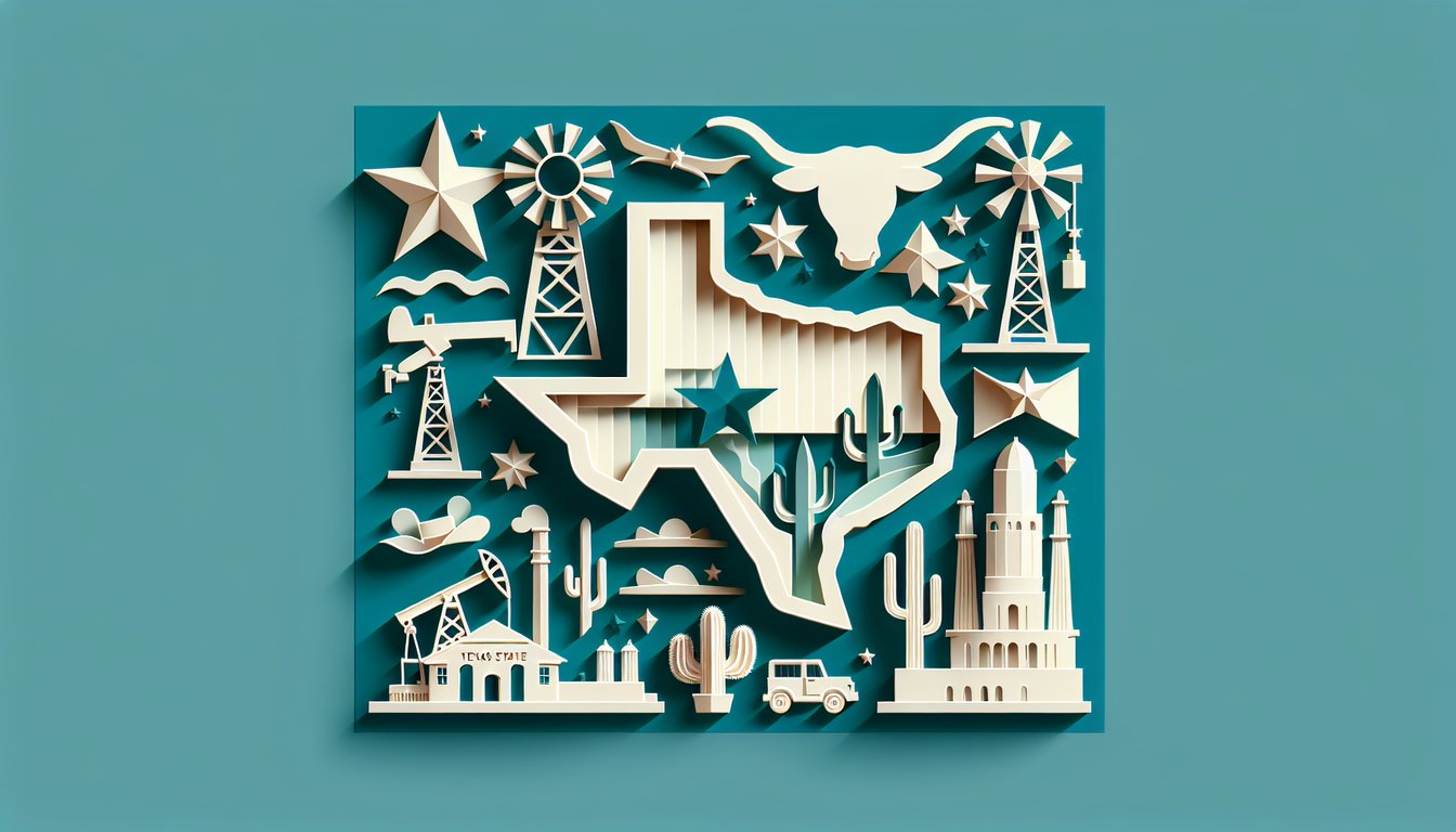 Paper art illustration featuring a Lone Star State quiz theme with Texas shape badge and bold text on a teal background.