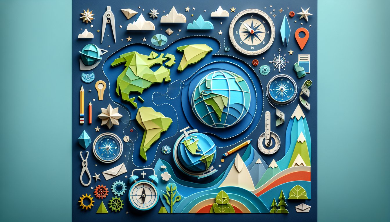 Colorful paper art promoting Geo Vocab Challenge, an interactive geography quiz for middle school students.