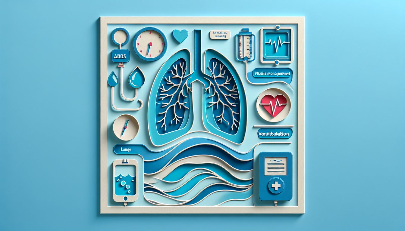 Paper art illustration shows lungs ventilator IV bag on sky blue background for ARDS NCLEX quiz.