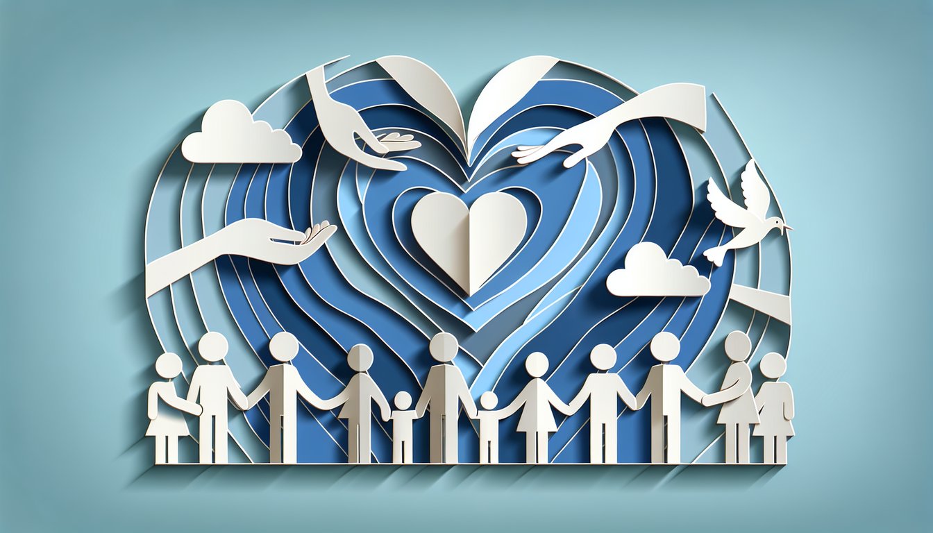 Paper art illustration for apology language quiz on a sky blue background