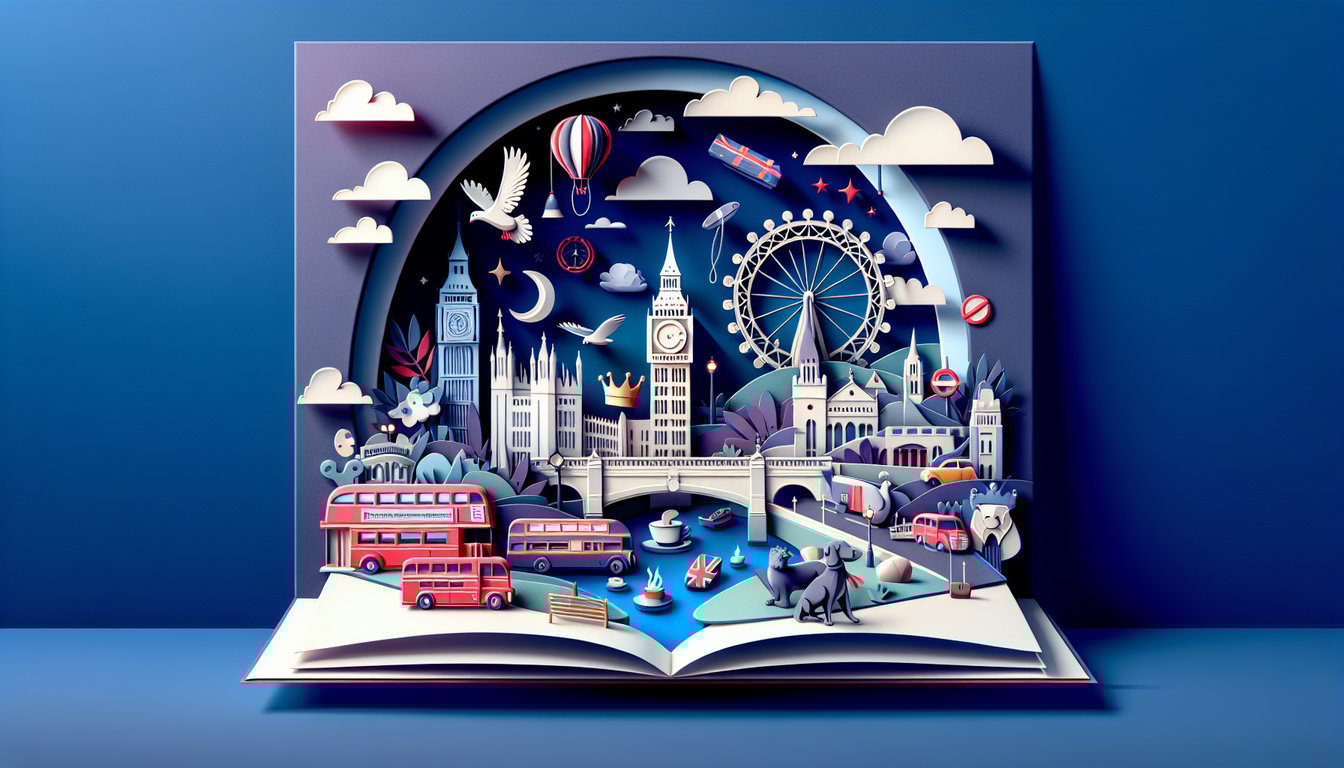 Paper art illustration for London trivia quiz on a dark blue background