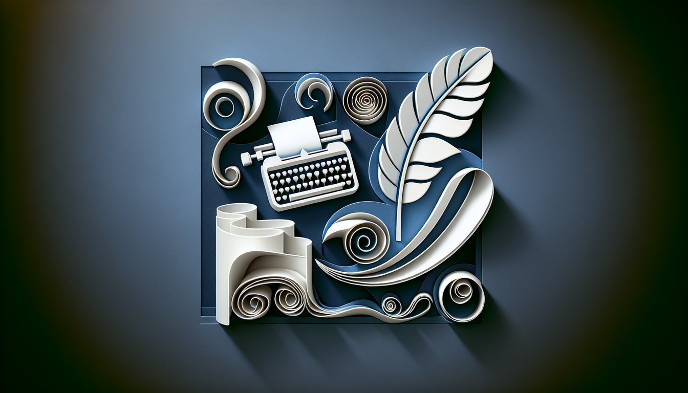 Paper art quiz illustration showing layered pages labeled poetry and prose floating against dark blue background