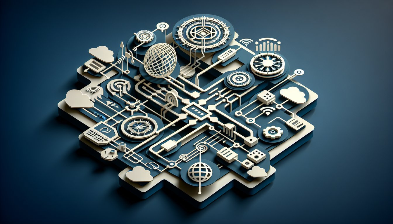 Paper art network diagram with nodes and arrows representing static and dynamic routing on dark blue background.