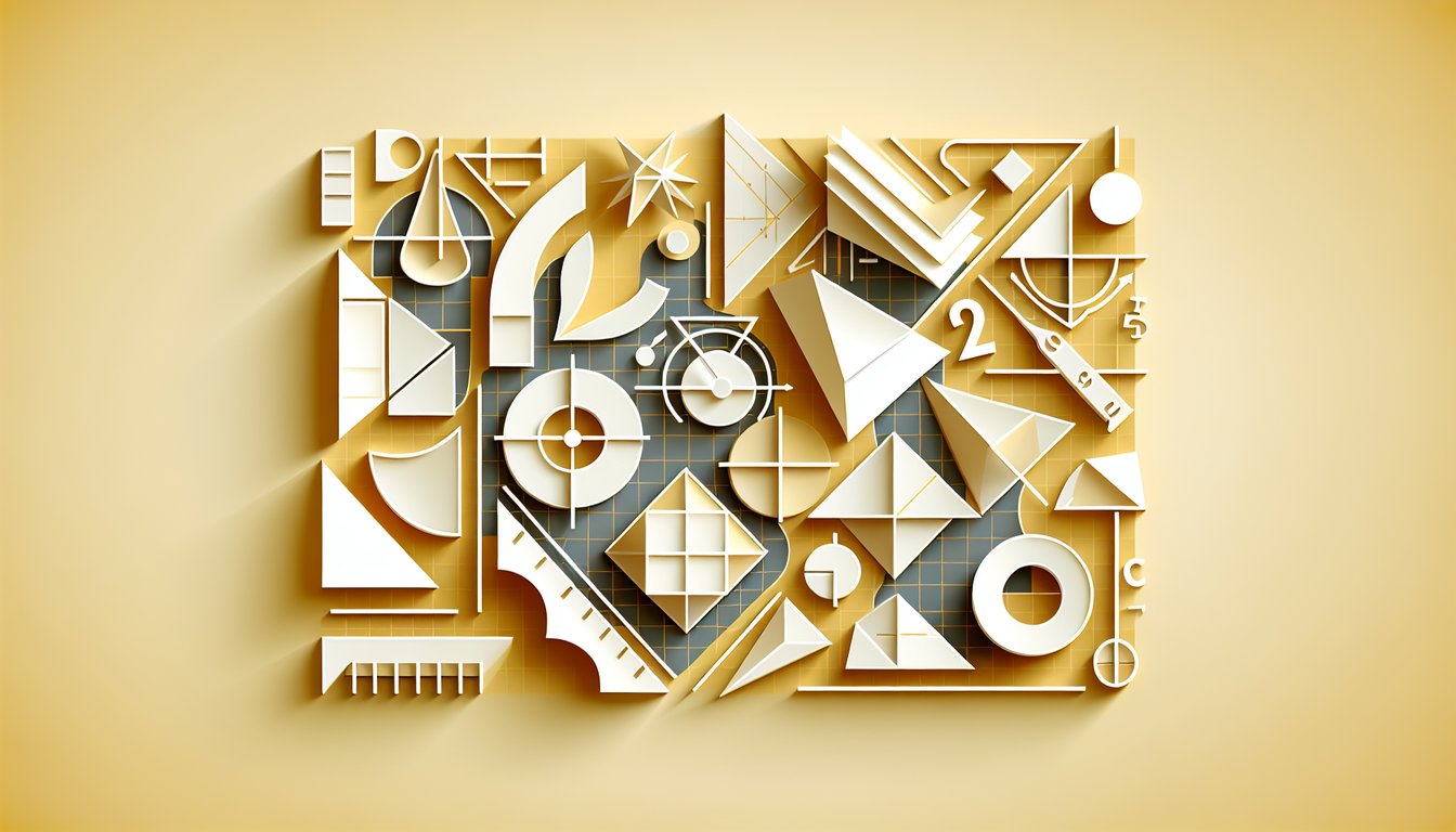 Paper art geometry quiz scene on golden yellow background with shapes angles proofs ruler protractor
