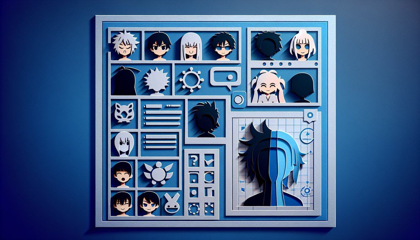 Paper art illustration of anime characters and quiz icons on dark blue background for Inuyasha personality quiz