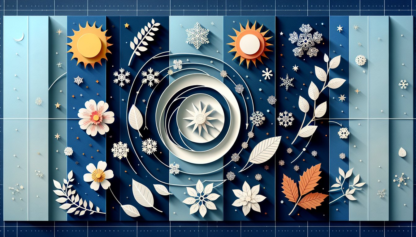 Colorful paper art promoting Bill Nyes Seasons Challenge, a science quiz for middle school students