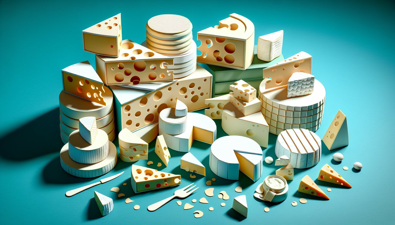 Colorful paper art depicting various types of cheese for a fun personality quiz on a teal background.