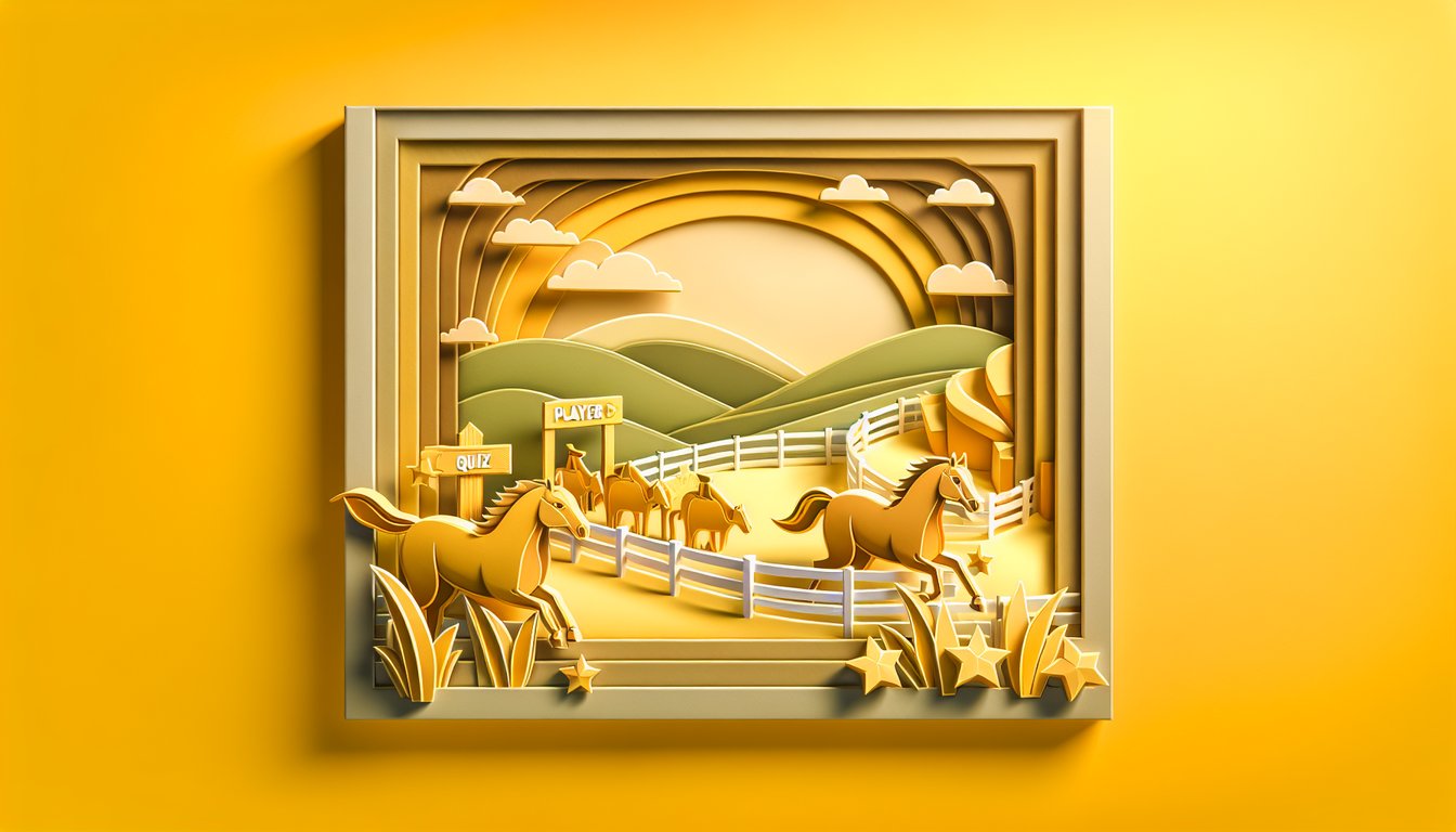 Paper art horse with quiz icons on golden yellow background promoting free Howrse ranking play style quiz