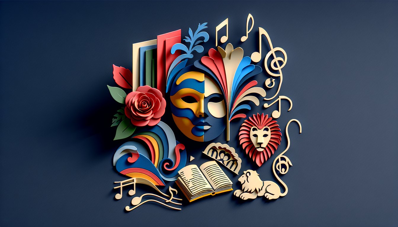 Paper art hearts music notes microphone on dark blue background promoting a free Taylor Swift song personality quiz