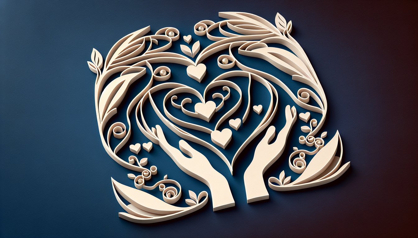 Paper art heart and male female profile silhouettes layered on dark blue background with quiz name Am I in Love With Him