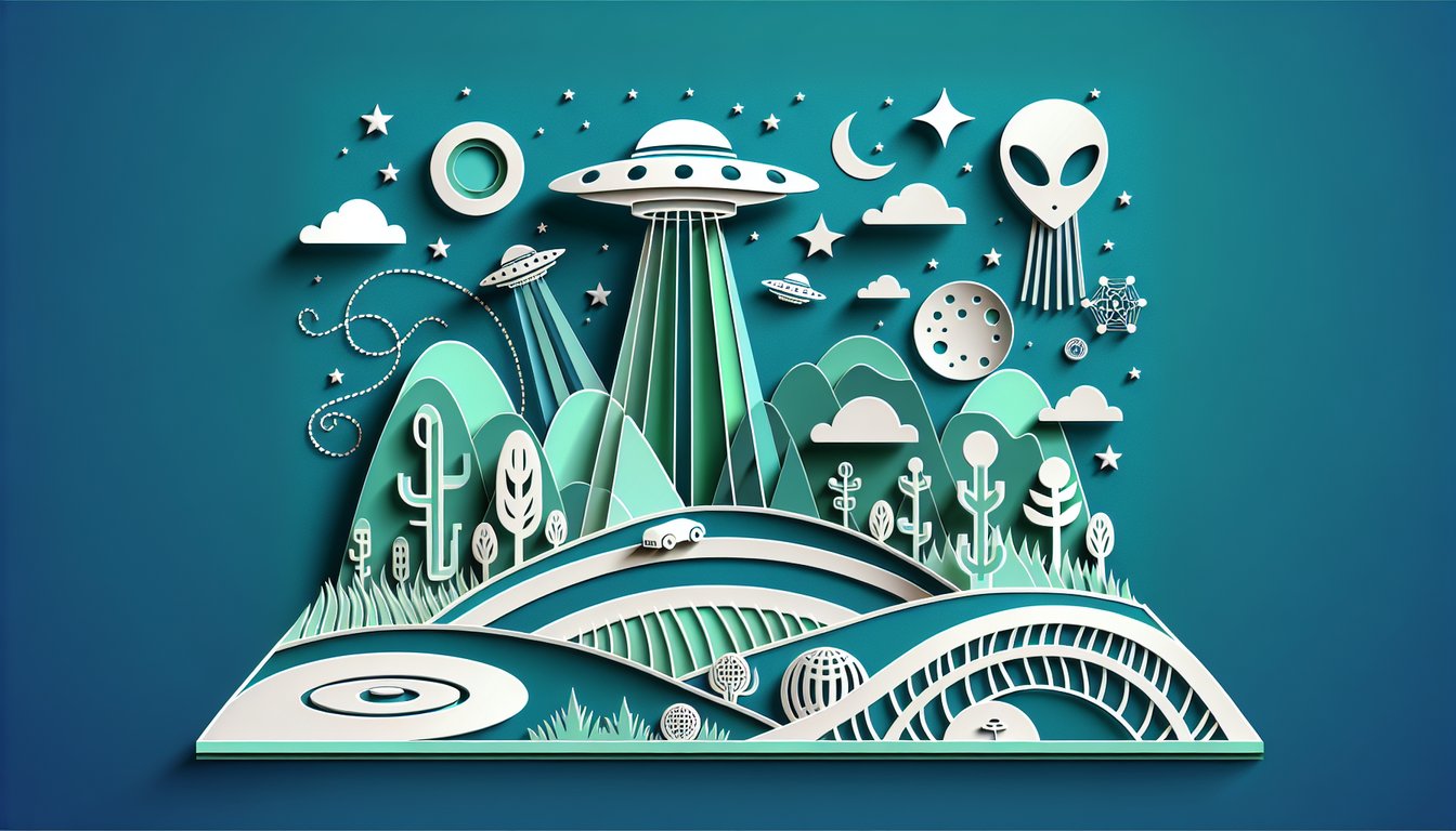 Paper art style illustration on teal background showing flying saucer beaming up alien head quiz theme UFO trivia challenge