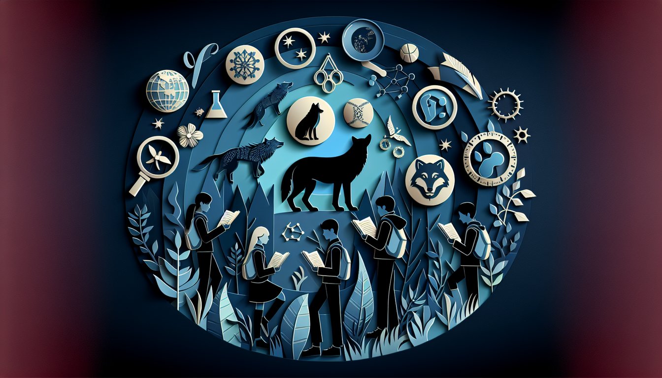 Paper art promoting Wolves Wisdom Quiz for high school biology students.