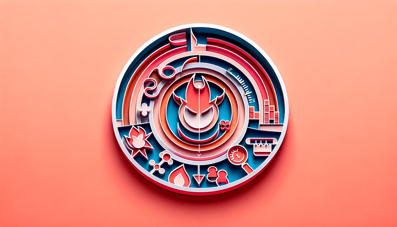 Paper cut style brain with gears and stylized angry face on coral background representing aggression test