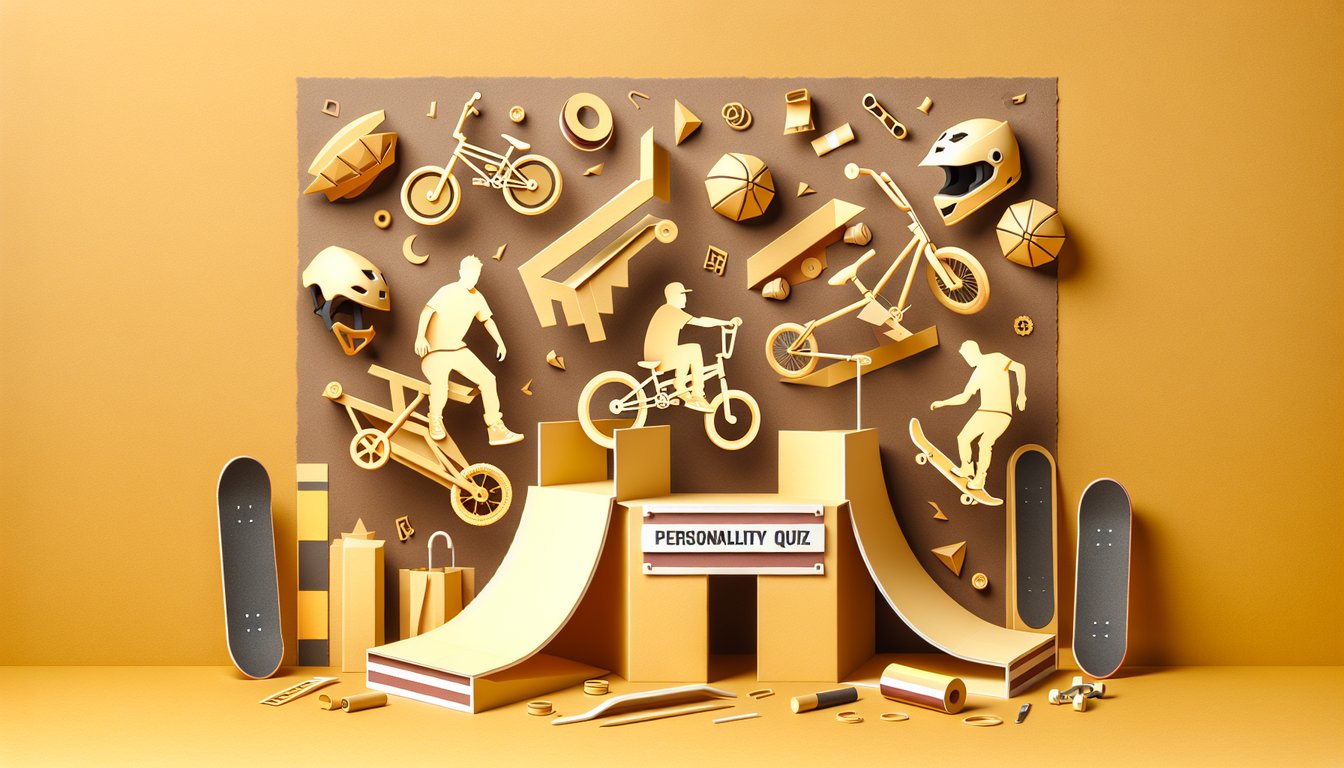Paper cutout style collage of Jackass stunt icons props and bold shapes on a golden yellow background for personality quiz