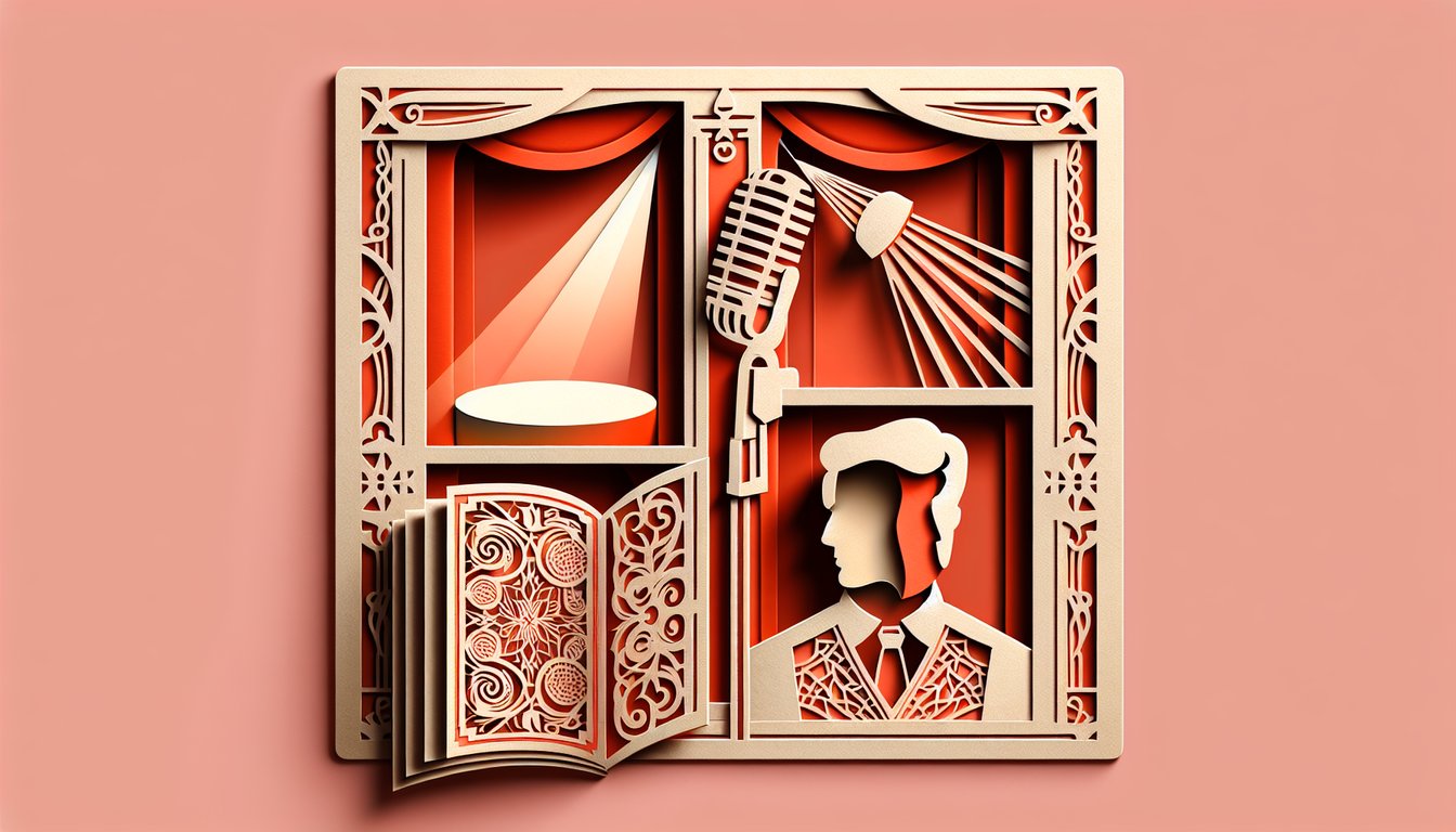 Paper art coral quiz background with stylized face cutouts, and text inviting to take free Ryan Gosling personality quiz