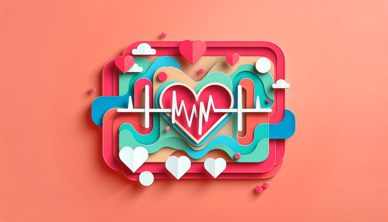 Paper art ECG waveform and heart icons on coral background promoting free EKG final quiz