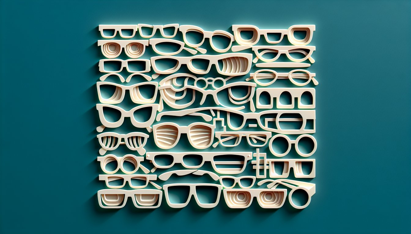 Teal background with paper cutout glasses shapes and stylized face silhouettes representing different frame styles