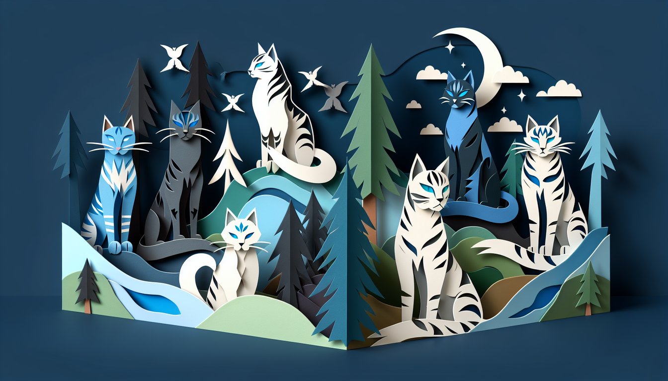 Paper art illustration of stylized cat silhouettes and clan symbols on dark blue background for a Warrior Cats clan quiz