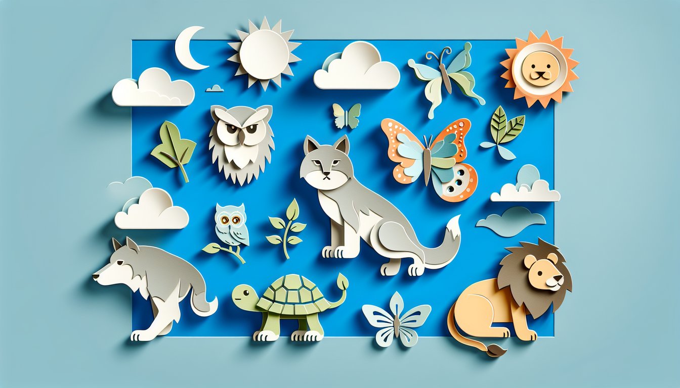 Paper cut art illustration featuring layered animal silhouettes emerging from personality quiz card on sky blue background.
