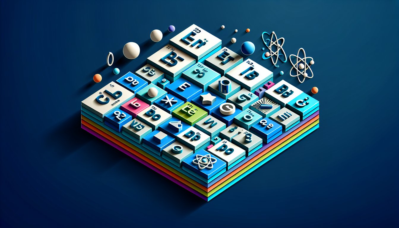 Paper-art depiction of colorful periodic table tiles and atom models on dark blue background promoting free practice quiz