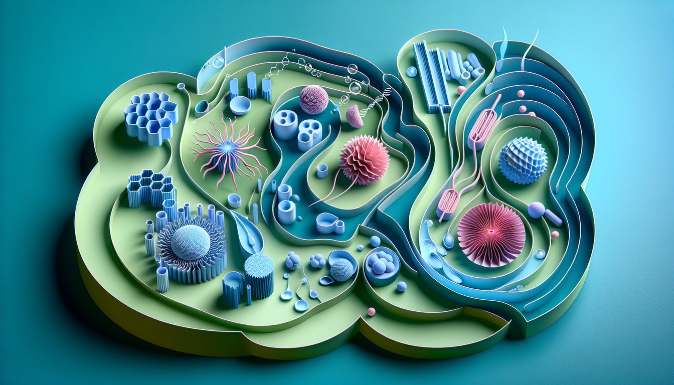 Paper art illustration of test tubes cells arrows for diffusion osmosis active transport ATP on teal background