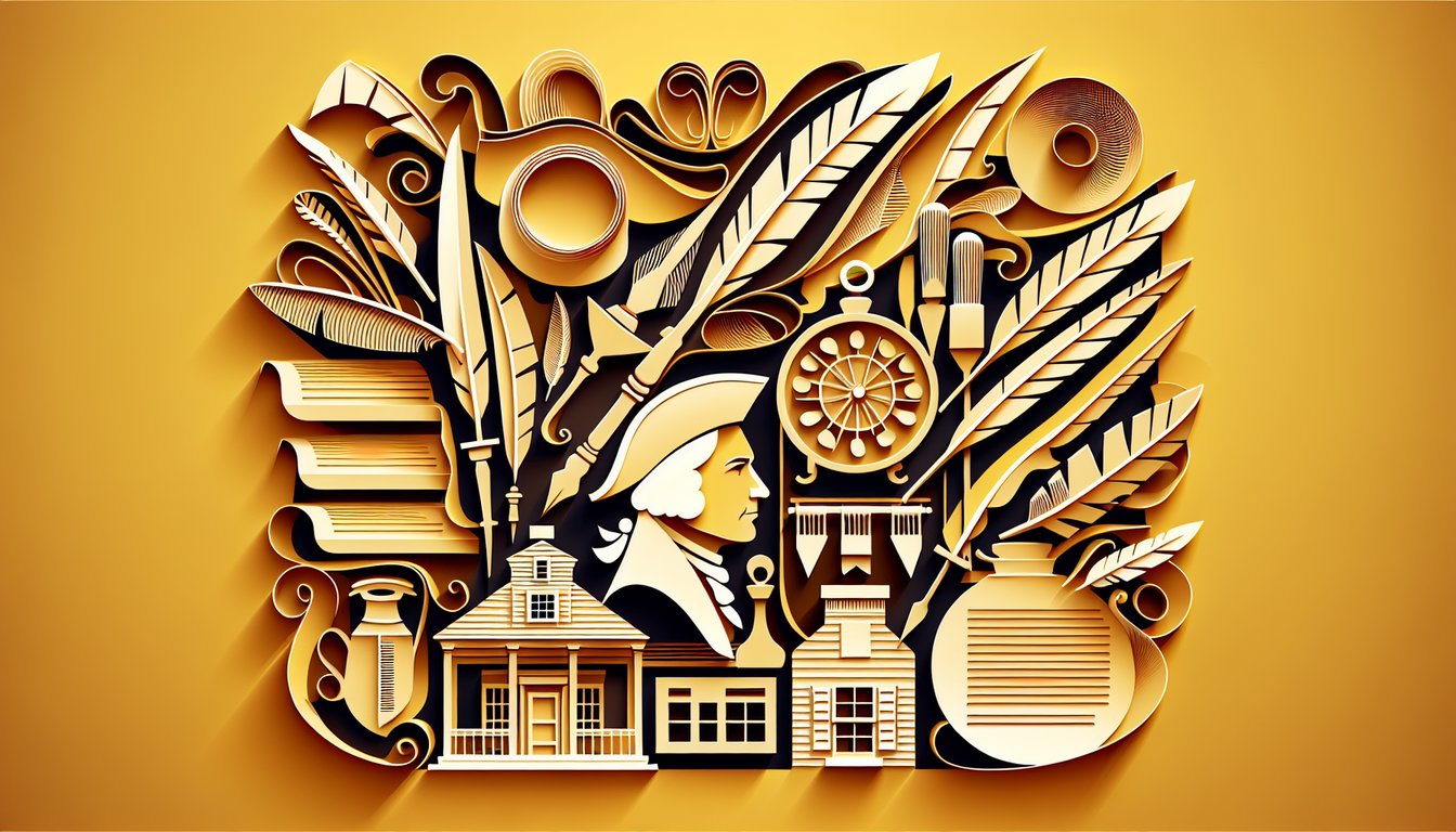 Paper art illustration for quiz to find out which Founding Father matches your personality on a golden yellow background.