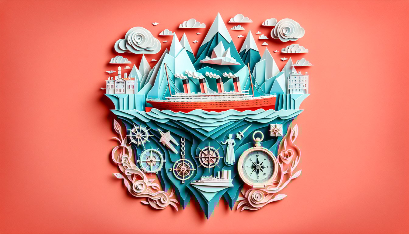 Paper art Titanic ship on stylized waves with quiz header about Titanic facts and trivia on coral background