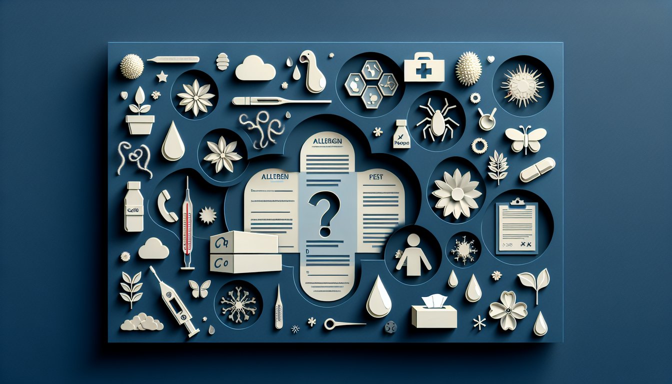 Paper art illustration of pollen grains tissues and question mark symbolizing allergy or cold quiz on dark blue background