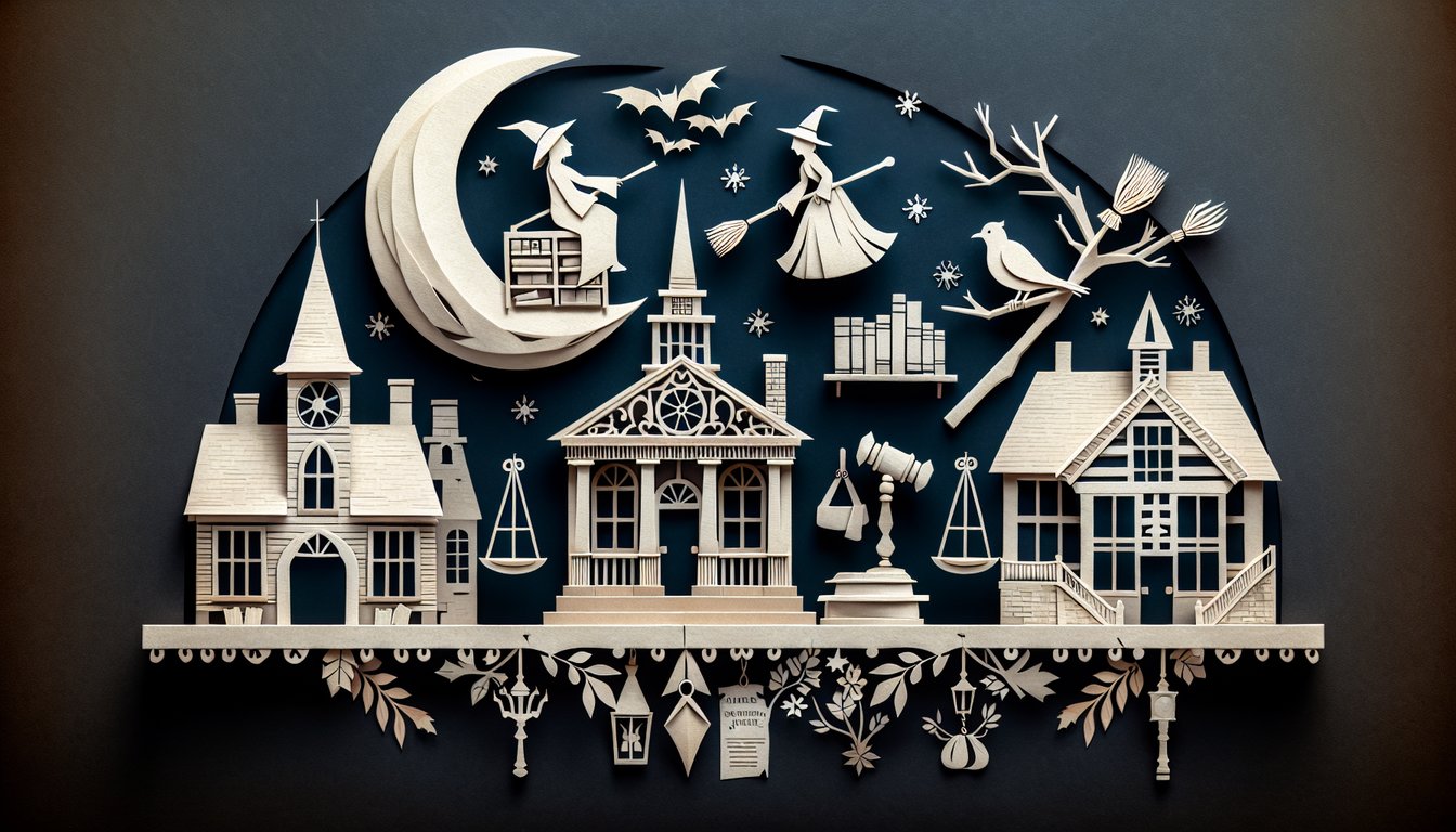 Paper art depicting a trivia quiz on Salem Witch Trials for high school history students.