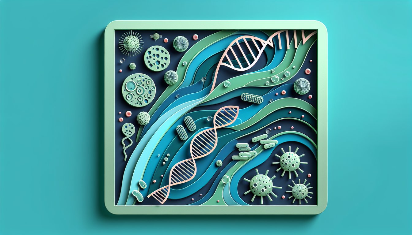 Paper art illustration for microbiology trivia quiz on a teal background